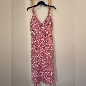 Pink Floral Midi Dress with Spaghetti Straps and Ruched Bodice